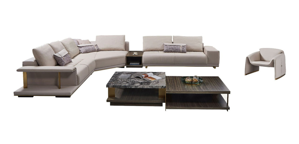 EK-LY1003R Pinkish Gray Top Grain Genuine Leather Sectional Sofa Set - Right Sitting
