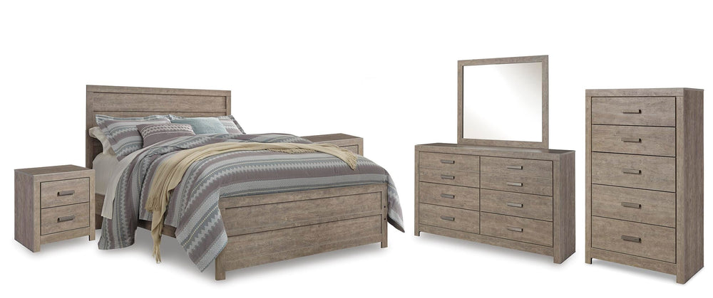 Culverbach Queen Panel Bed with Dresser and Mirror, Chest and 2 Nightstands - Gray (1)
