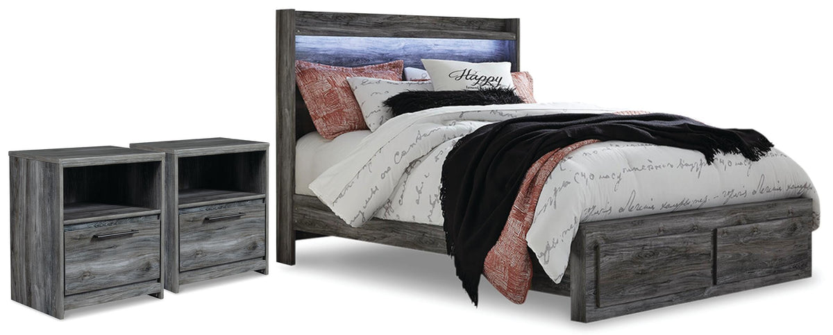 Baystorm Queen Panel Storage Bed and 2 Nightstands - Gray (1)