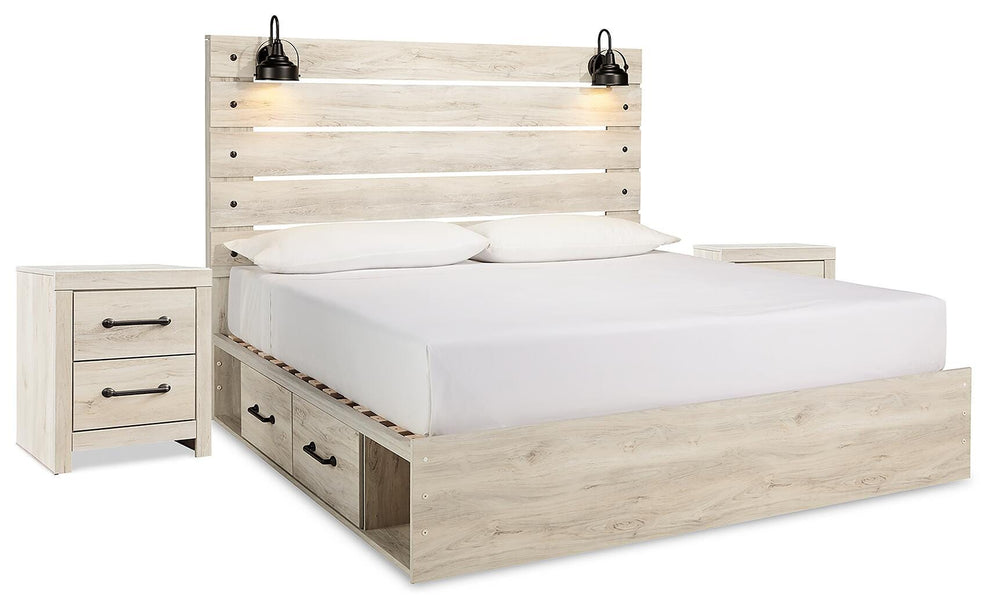 Cambeck King Panel Bed with Storage and 2 Nightstands - Whitewash (1)