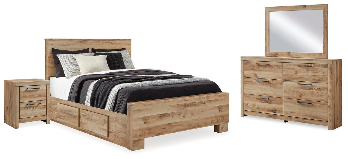 Hyanna Queen Panel Bed with Storage, Dresser, Mirror and Nightstand - Tan Brown (1)