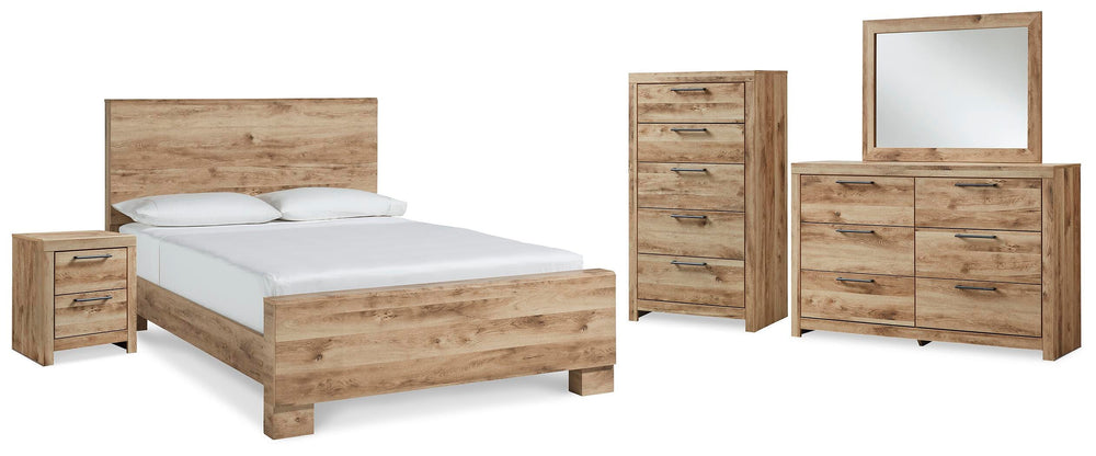 Hyanna Queen Panel Bed, Dresser, Mirror, Chest and Nightstand - Tan Brown (1)