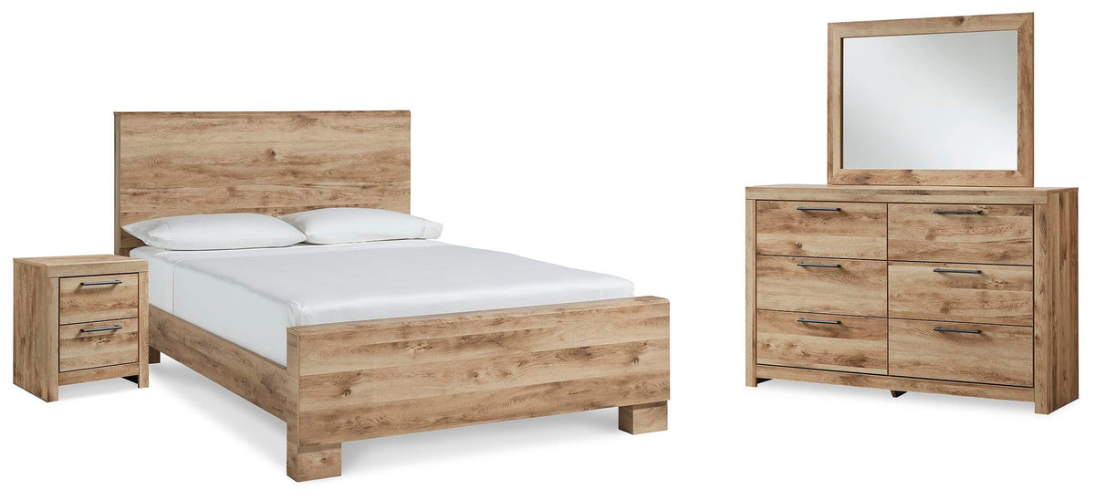 Hyanna King Panel Bed, Dresser, Mirror, and Nightstand - Tan Brown (1)