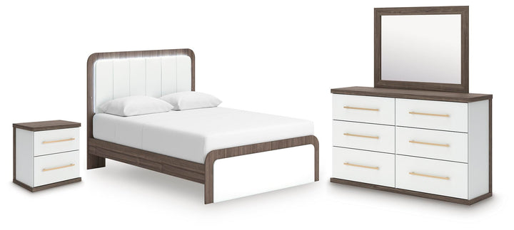 Kendanport Queen Upholstered Bed, Dresser, Mirror and Nightstand - White/Brown (1)