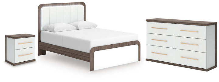 Kendanport Queen Upholstered Bed, Dresser and Nightstand - White/Brown (1)