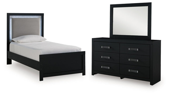 Maeling Twin Upholstered Panel Bed, Dresser and Mirror (1)
