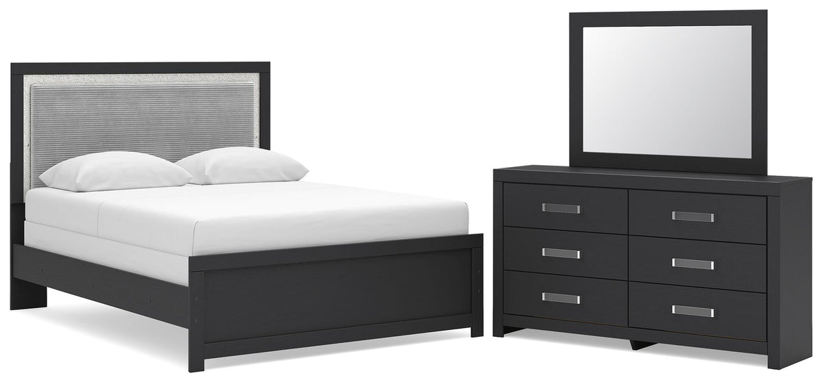 Maeling Queen Upholstered Panel Bed, Dresser and Mirror (1)