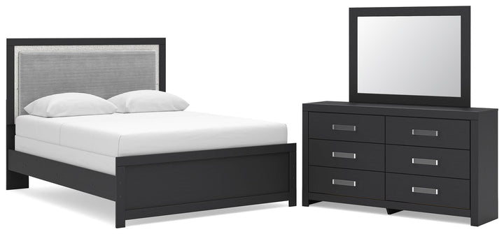 Maeling Queen Upholstered Panel Bed, Dresser and Mirror (1)