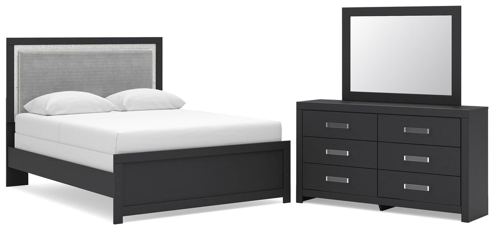 Maeling Queen Upholstered Panel Bed, Dresser and Mirror (1)