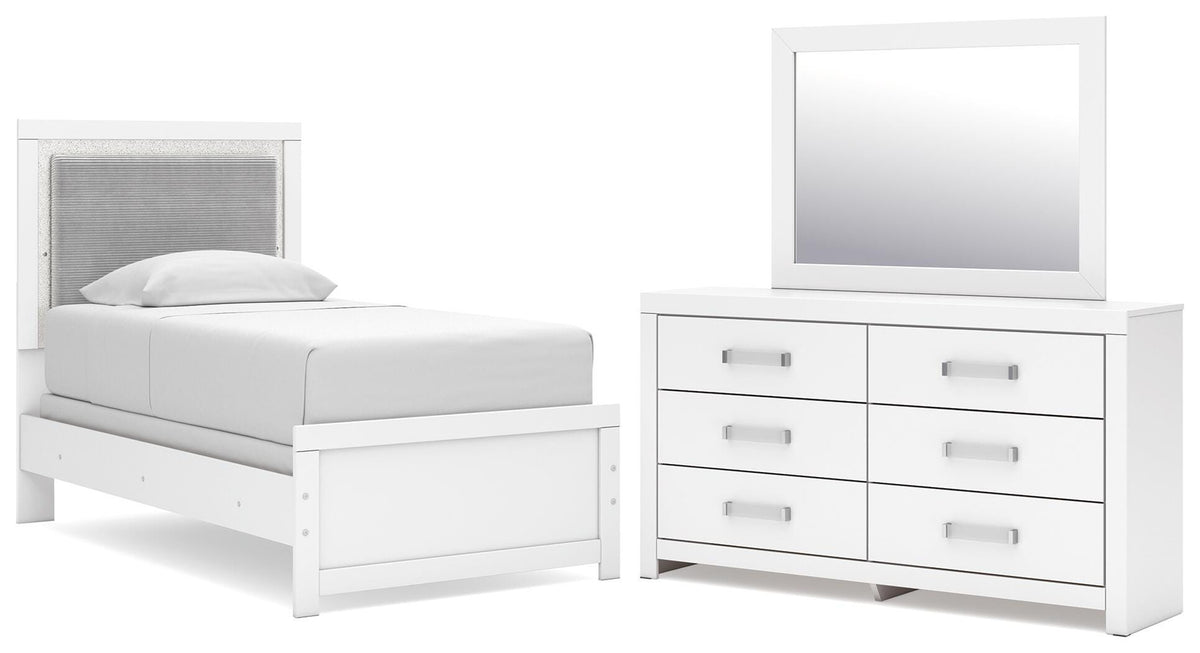 Maeling Twin Upholstered Panel Bed, Dresser and Mirror (1)