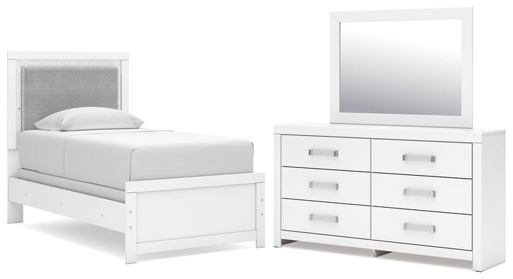 Maeling Twin Upholstered Panel Bed, Dresser and Mirror (1)
