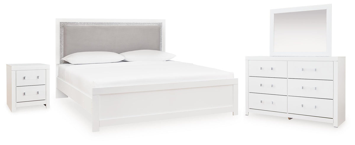 Maeling Queen Upholstered Panel Bed, Dresser, Mirror and Nightstand (1)
