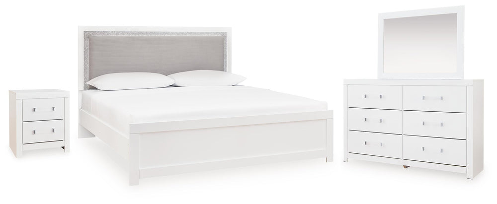 Maeling Queen Upholstered Panel Bed, Dresser, Mirror and Nightstand (1)