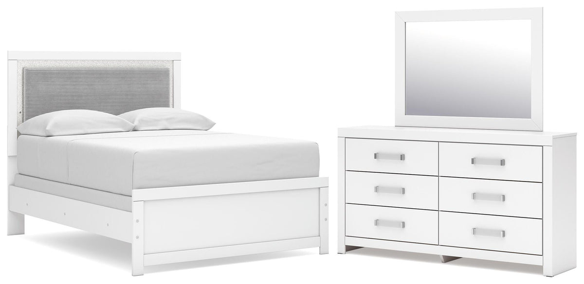 Maeling Full Upholstered Panel Bed, Dresser and Mirror (1)