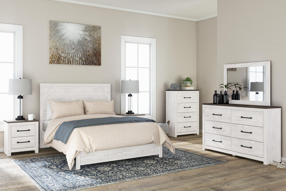 Gerridan Queen Panel Bed with Dresser and Mirror, Chest and 2 Nightstands - White/Gray (4)