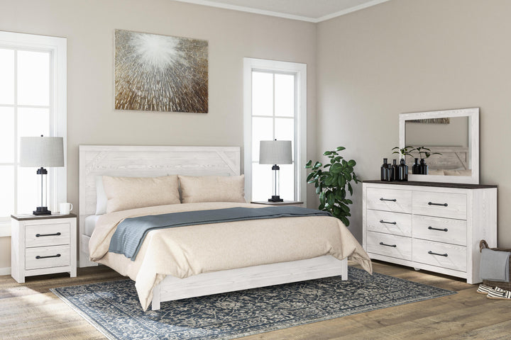Gerridan King Panel Bed, Dresser, Mirror and 2 Nightstands - White/Gray (1)