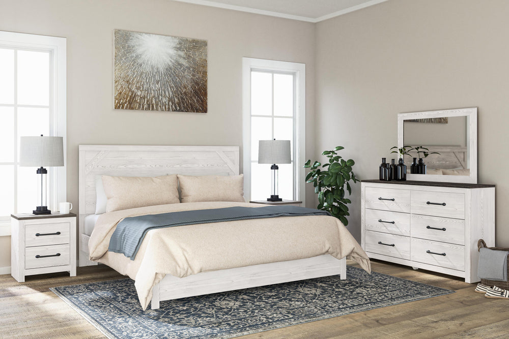Gerridan King Panel Bed, Dresser, Mirror and 2 Nightstands - White/Gray (1)
