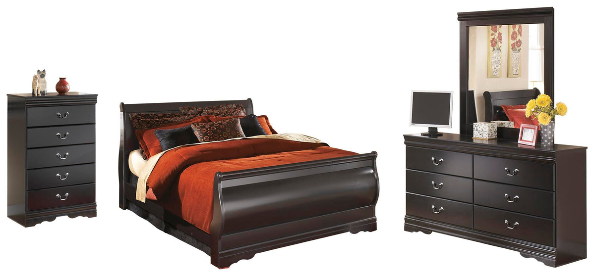 Huey Vineyard Queen Sleigh Bed with Dresser, Mirror and Chest of Drawers - Black (1)