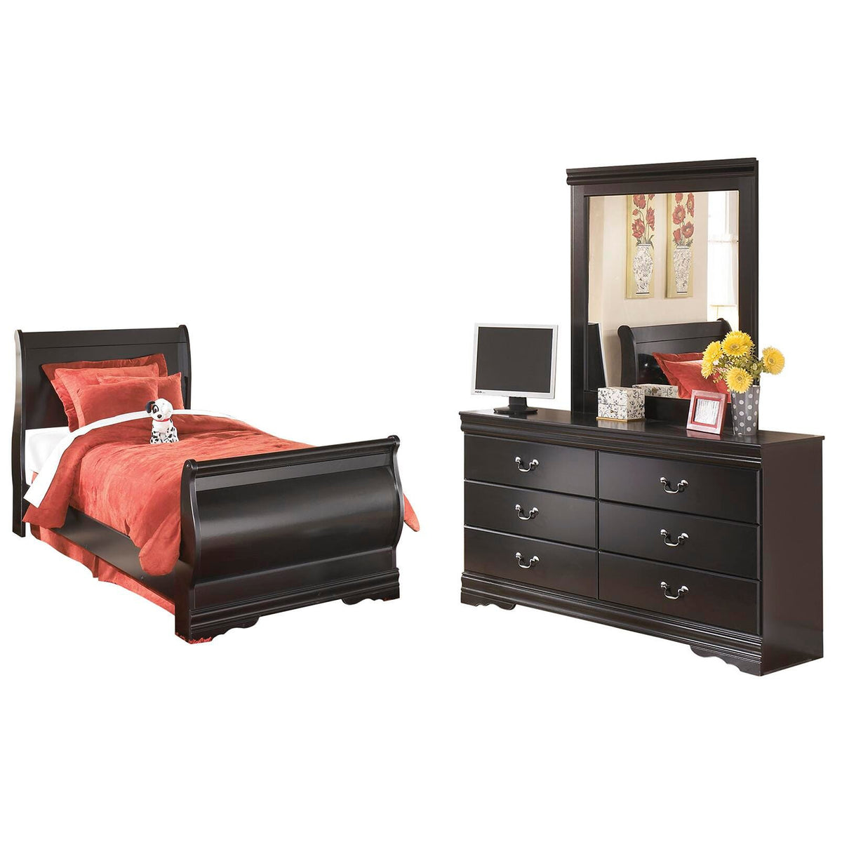 Huey Vineyard Full Sleigh Bed with Dresser and Mirror - Black (1)