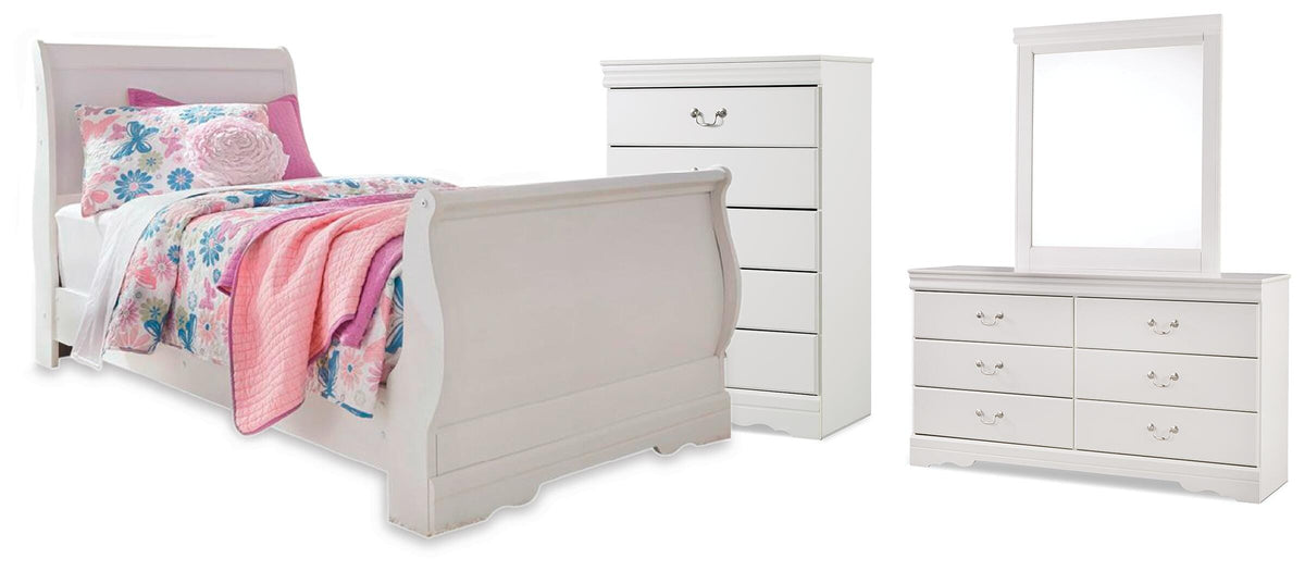 Anarasia Twin Sleigh Bed, Dresser, Mirror and Chest - White (1)