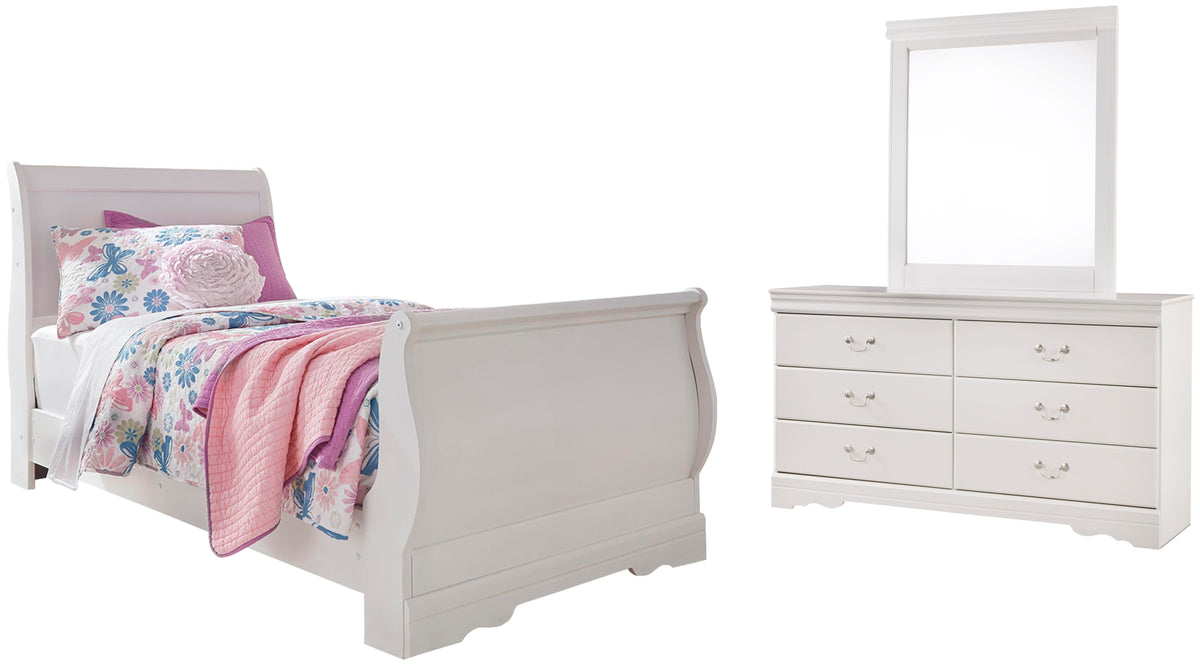 Anarasia Twin Sleigh Bed, Dresser and Mirror - White (1)
