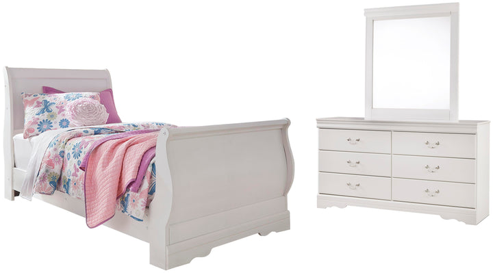Anarasia Twin Sleigh Bed, Dresser and Mirror - White (1)