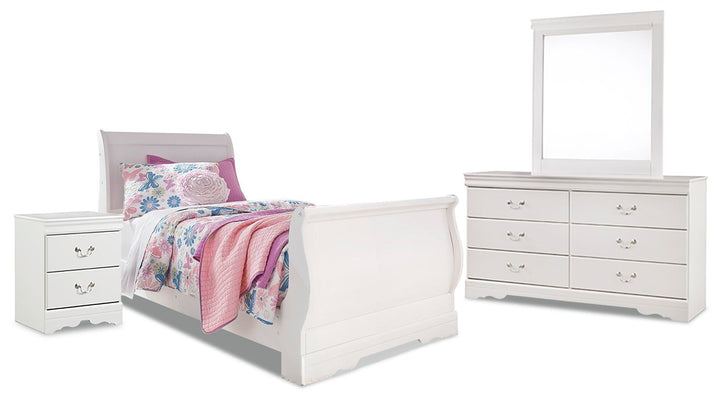 Anarasia Twin Sleigh Bed, Dresser, Mirror and Nightstand - White (1)