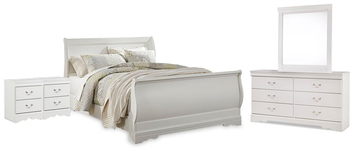 Anarasia Queen Sleigh Bed, Dresser, Mirror and 2 Nightstands - White (1)