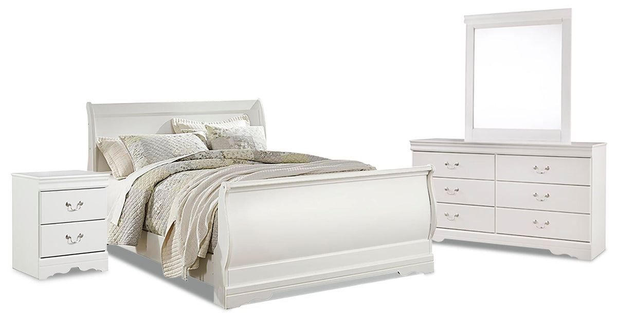Anarasia Queen Sleigh Bed, Dresser, Mirror and Nightstand - White (1)