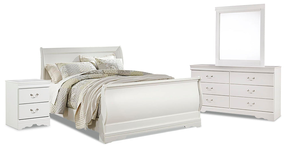 Anarasia Queen Sleigh Bed, Dresser, Mirror and Nightstand - White (1)