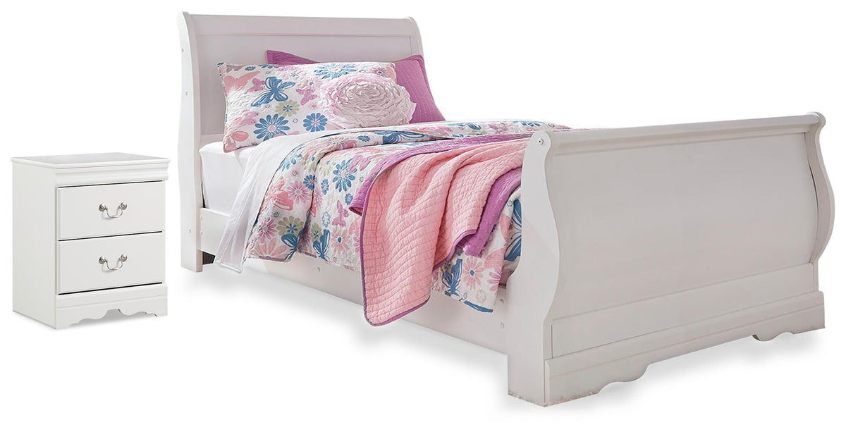 Anarasia Twin Sleigh Bed with Nightstand - White (1)