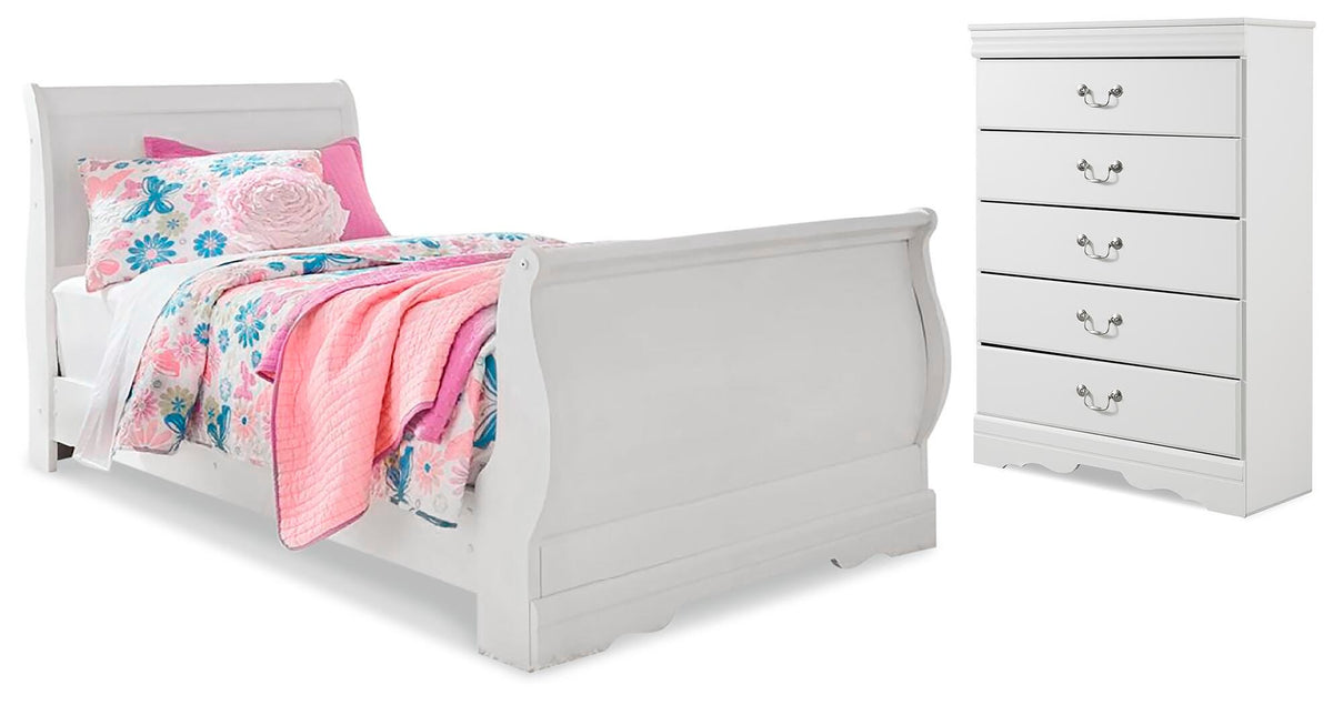 Anarasia Twin Sleigh Bed and Chest - White (1)