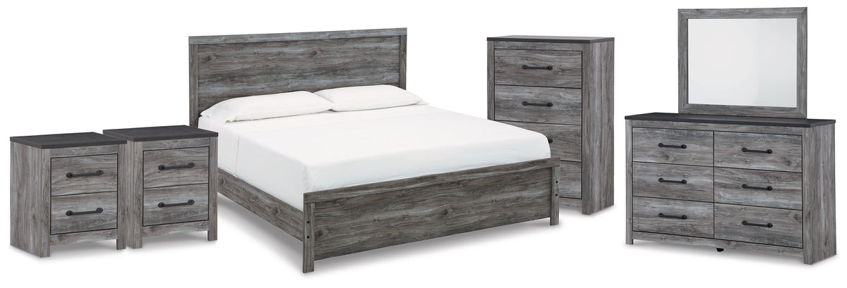 Bronyan King Panel Bed, Dresser, Mirror, Chest and 2 Nightstands - Dark Gray (1)