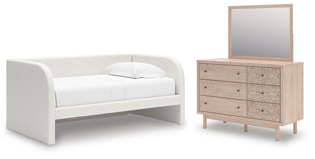 Arloster Twin Upholstered Day Bed, Dresser and Mirror (1)