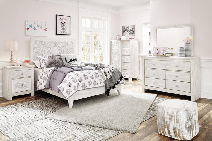 Paxberry Full Panel Bed, Dresser, Mirror and Chest - Whitewash (1)