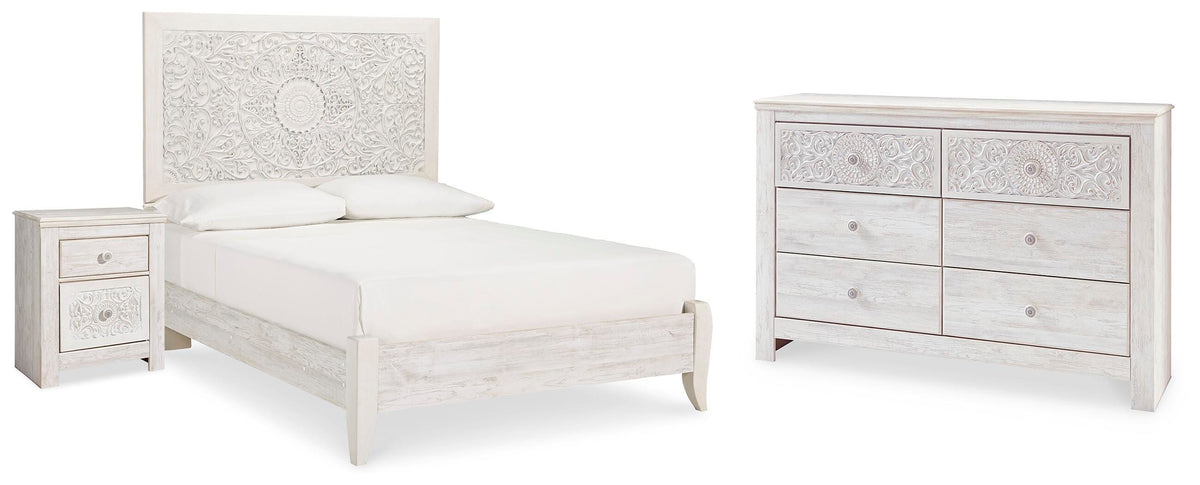 Paxberry Full Panel Bed, Dresser and Nightstand - Whitewash (1)