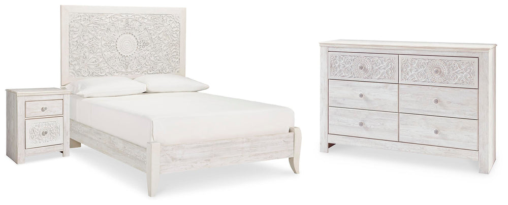 Paxberry Full Panel Bed, Dresser and Nightstand - Whitewash (1)