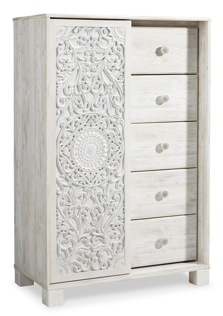 Paxberry Full Panel Bed, Dresser, Mirror and Chest - Whitewash (3)