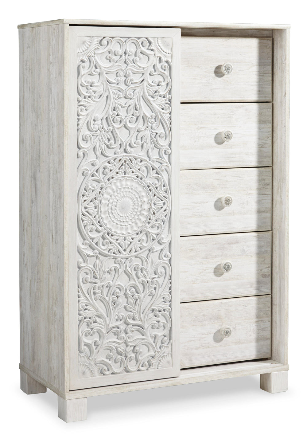 Paxberry Full Panel Bed, Dresser, Mirror and Chest - Whitewash (3)