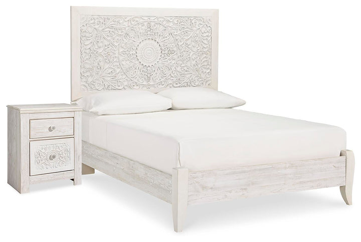 Paxberry Full Panel Bed and Nightstand - Whitewash (1)