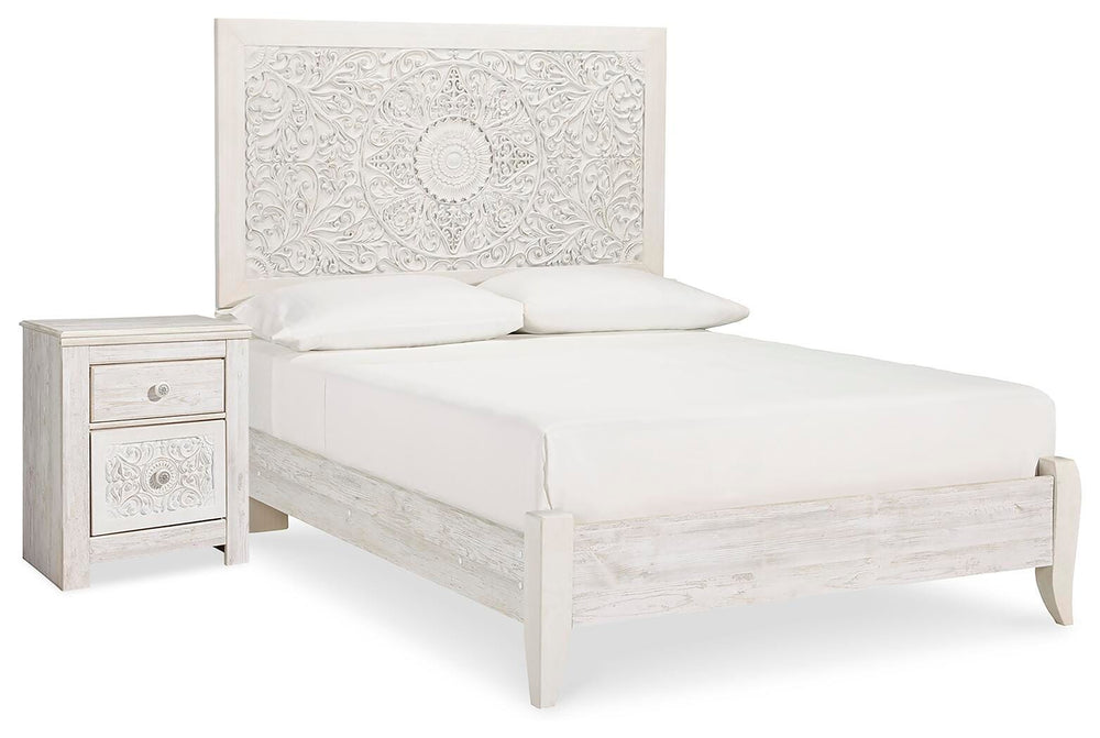 Paxberry Full Panel Bed and Nightstand - Whitewash (1)