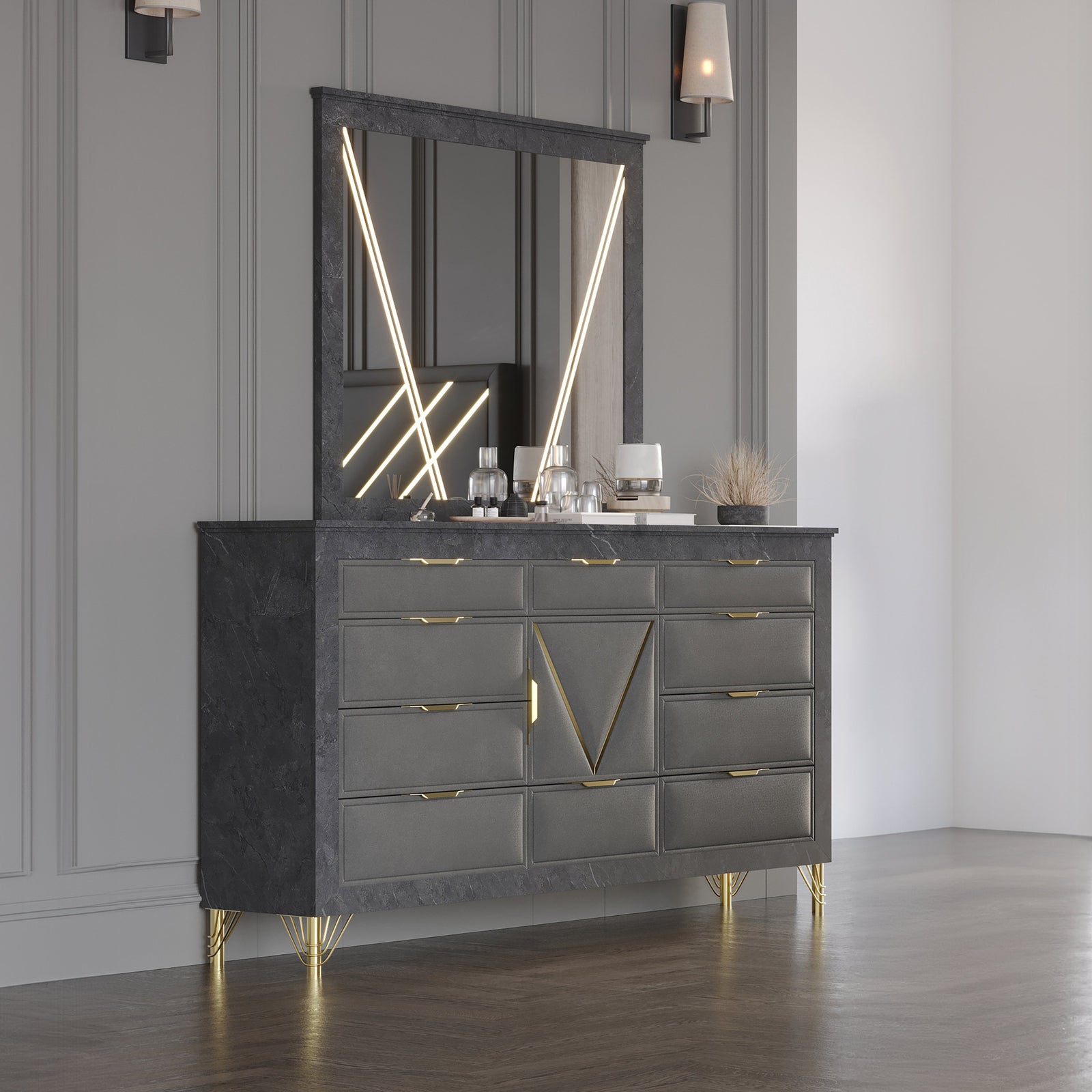 Symmetry Lighted Mirror-Charcoal