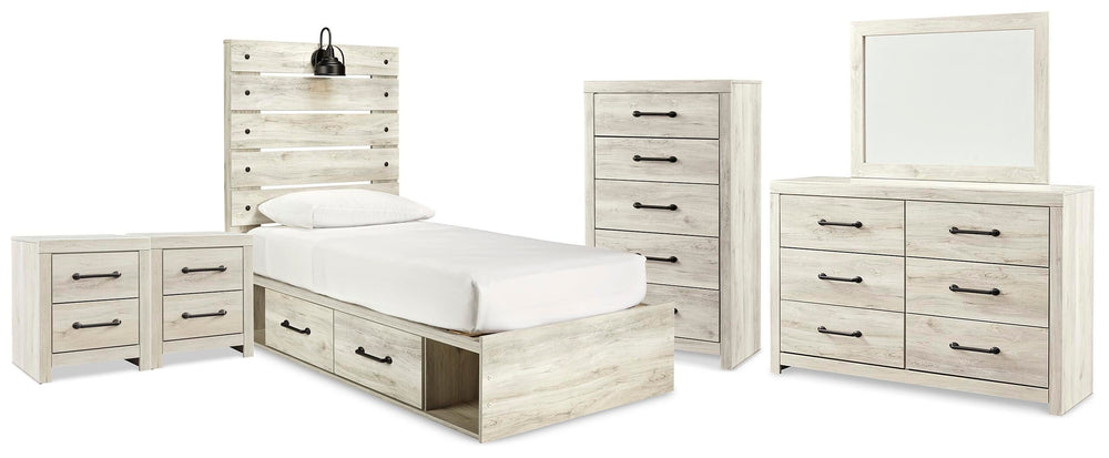 Cambeck Twin Panel Bed with Storage, Dresser, Mirror, Chest and 2 Nightstands - Whitewash (1)