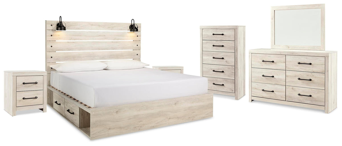 Cambeck King Panel Bed with Storage, Dresser, Mirror, Chest and 2 Nightstands - Whitewash (2)