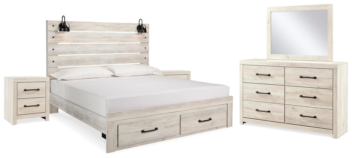 Cambeck King Storage Bed, Dresser, Mirror and 2 Nightstands - Whitewash (1)