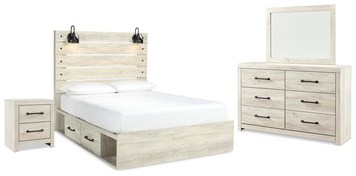 Cambeck Queen Panel Bed with Storage, Dresser, Mirror and Nightstand - Whitewash (1)