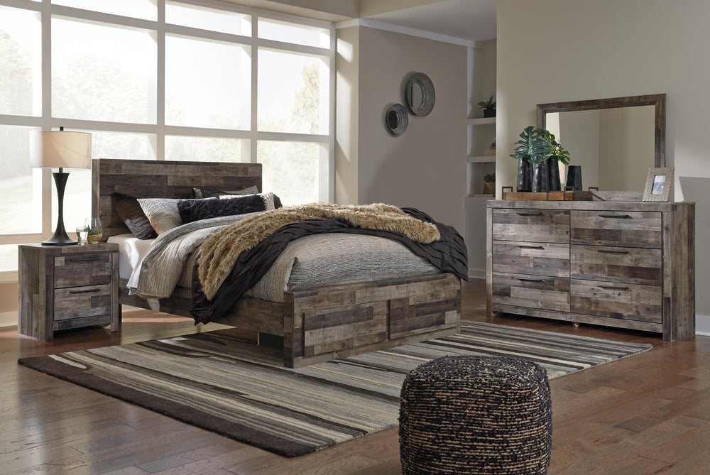 Derekson Queen Panel Storage Bed with Mirrored Dresser and Nightstand - Multi Gray (1)