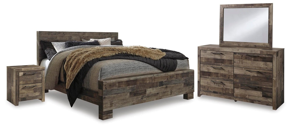 Derekson King Panel Bed, Dresser, Mirror and Nightstand - Multi Gray (1)