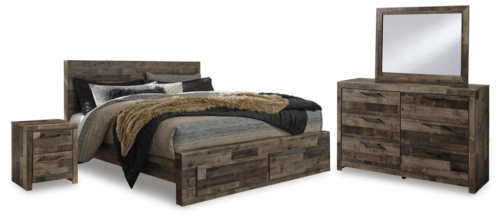 Derekson King Panel Storage Bed, Dresser, Mirror and Nightstand - Multi Gray (2)
