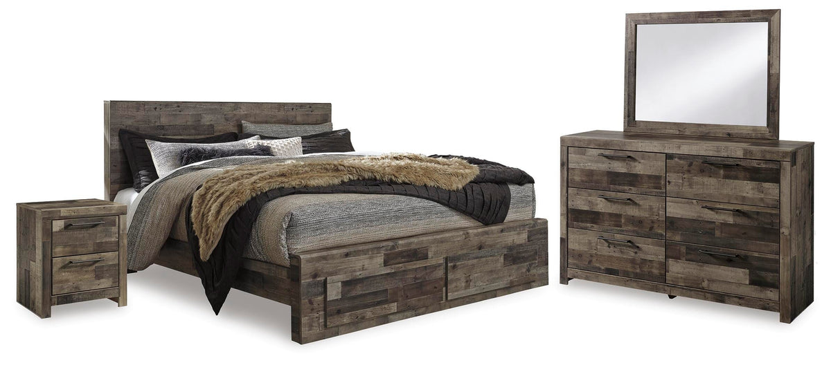 Derekson King Panel Storage Bed, Dresser, Mirror, Chest and 2 Nightstands - Multi Gray (2)